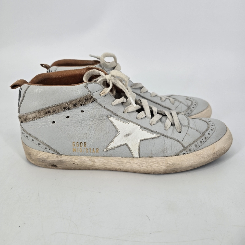 Golden Goose Leather Light Blue Mid/Star Sneakers Fur Accent Size 40